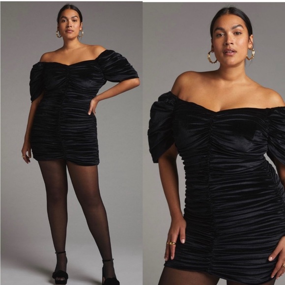 NWT Anthropologie Hutch Black Velvet Ruched Puff Sleeve Mini Dress size 10 - Picture 3 of 16
